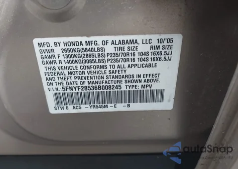 2006 Honda Pilot Ex-L из США, поврежденный, VIN 5FNYF28536B008245